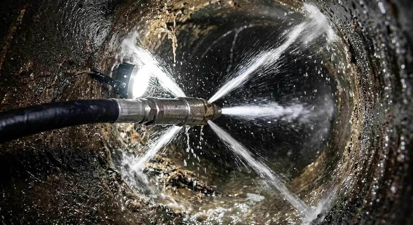 High-pressure hydro jetting nozzle cleaning sewer pipe for Emergency Drain Service in Acworth