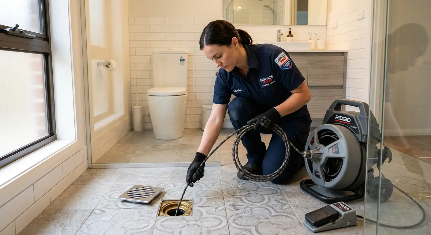 Technician clearing a bathroom floor drain for Clogged Drain Repair in Acworth